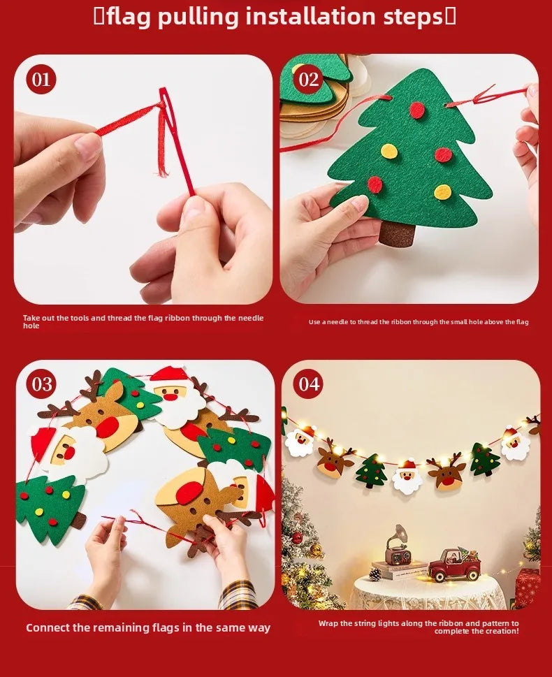 DIY Handmade Pull Flag Banner with LED Light String Merry Christmas Holiday Ornaments Home Room Background Christmas Decoration
