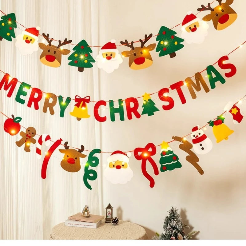 DIY Handmade Pull Flag Banner with LED Light String Merry Christmas Holiday Ornaments Home Room Background Christmas Decoration