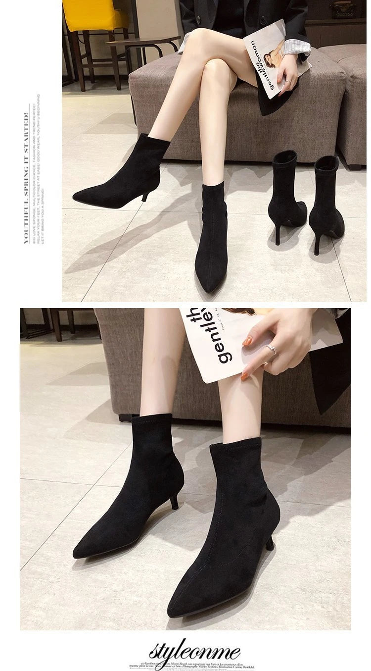 5/7/9CM Luxury Women Black Flock Sock Boots Stiletto Thin High Heels Elastic Knitting Boots Winter Stretch Fabric Ankle Boots
