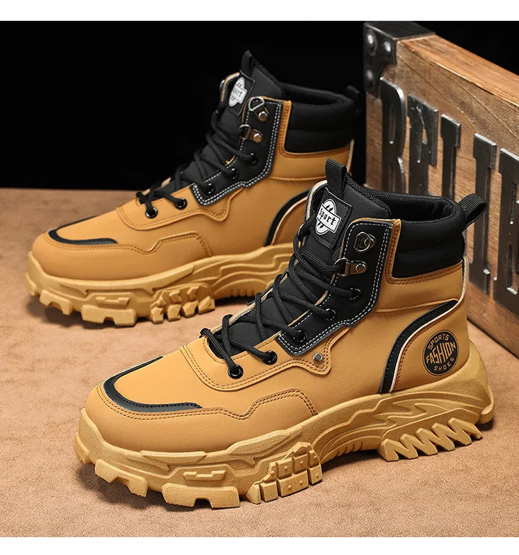 Botas de hombre de algodón, estilo británico, de caña alta, con refuerzos de PU, suela gruesa, cierre de cordones, cómodas y antideslizantes, ideales para deportes de montaña.