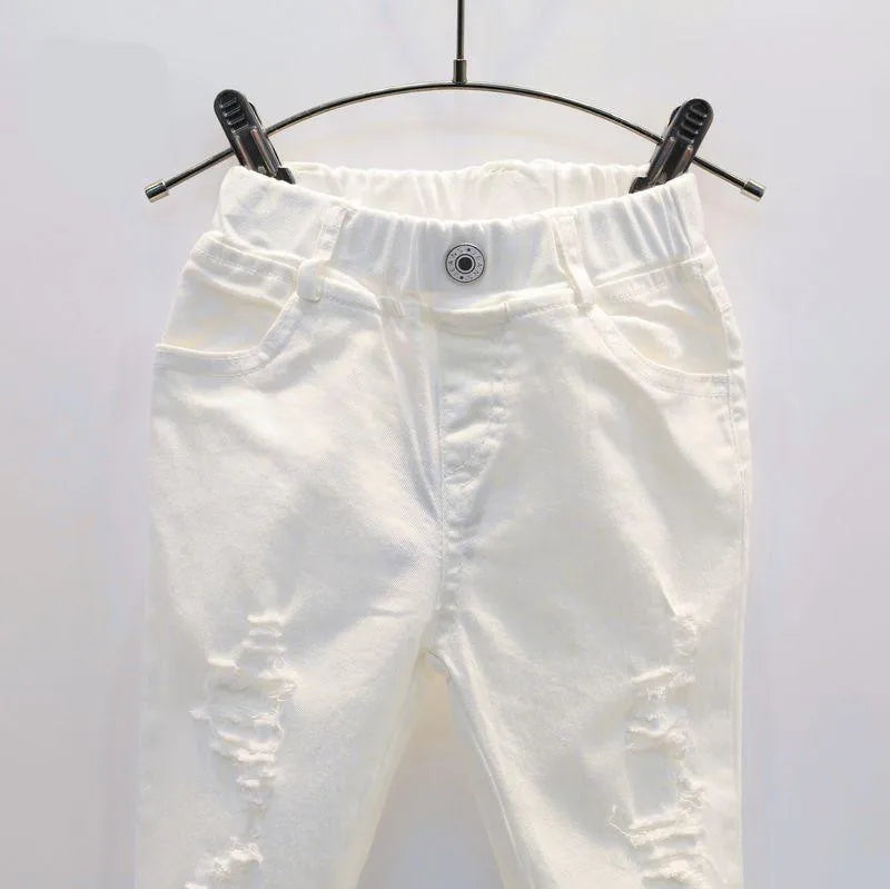 Pantalones vaqueros blancos de mezclilla para niñas y niños de otoño 2025, pantalones rotos para niños de 2, 3, 4, 5, 6 y 7 años