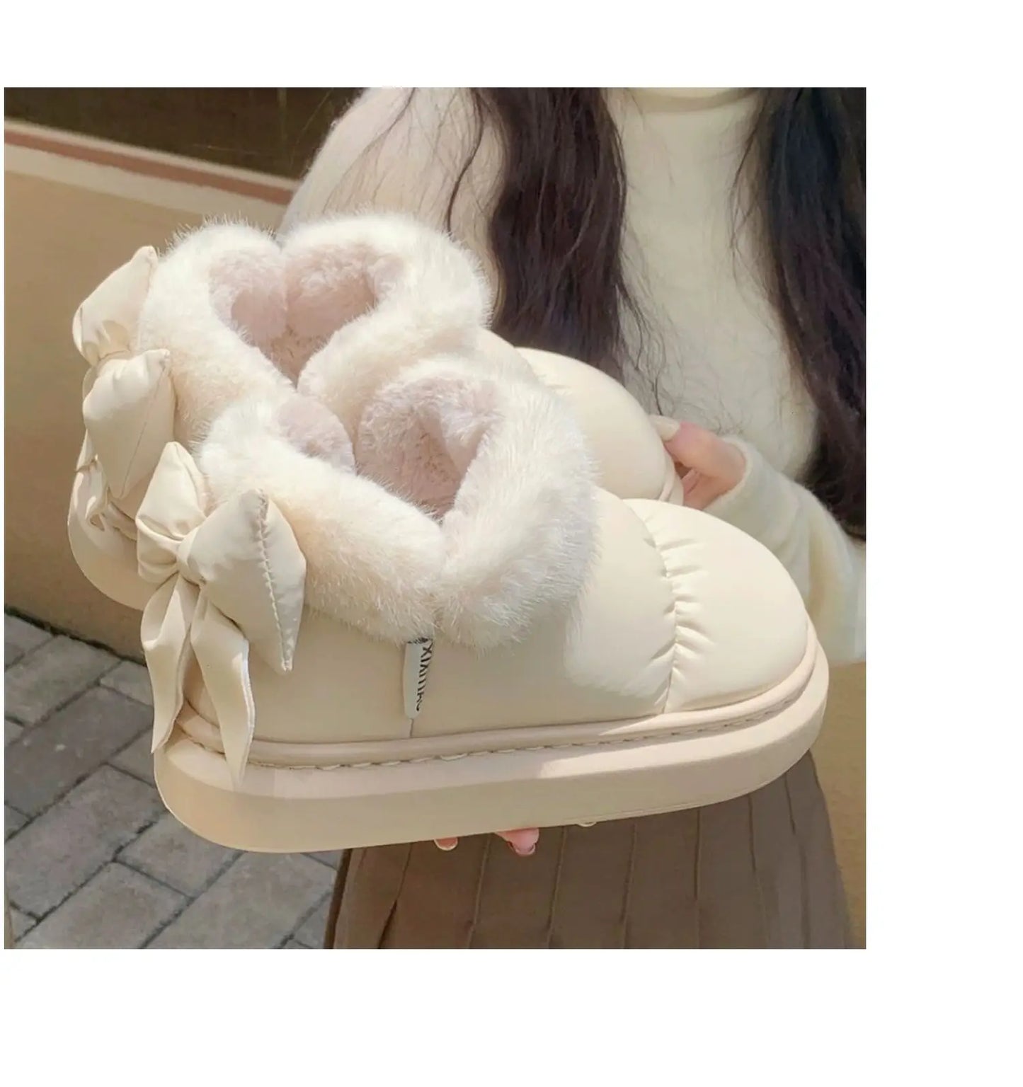 Bow Knot Short Ankle Snow Boots Women Winter Plush And Thick Insulation Waterproof PU Cotton Household Shoes Home Slipper Women