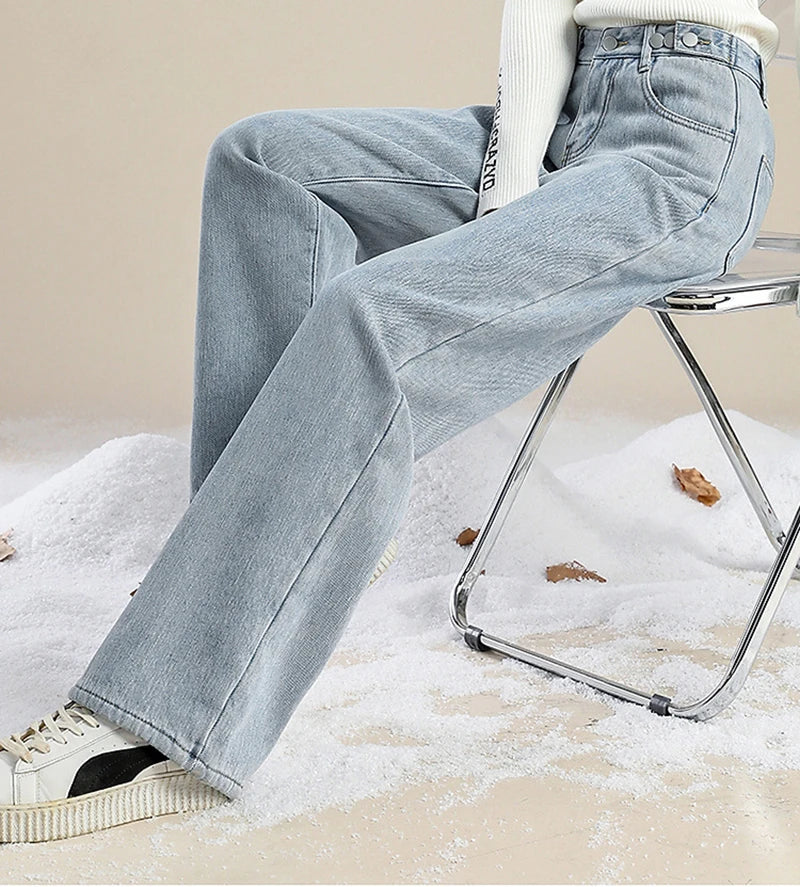 Women Winter Pants Blue Jeans Woman Korean Fashion Straight Leg Jeans Streetwear Y2k Denim Female Clothing Women'S High Waist