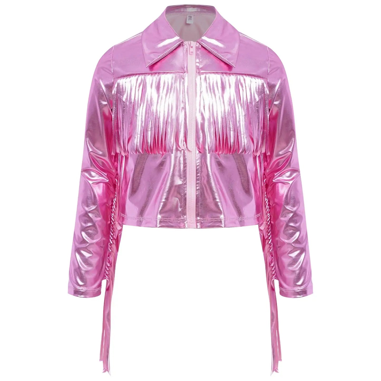 Kids Girls Tassels Metallic Jacket Top Fringe Shiny Turn-Down Collar Long Sleeve Zipper Jacket Coat for Hip Hop Street Dance