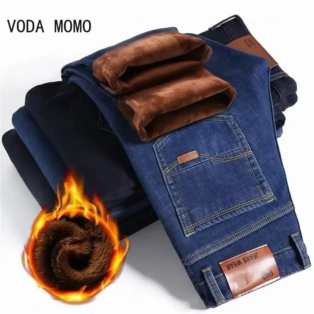 Pantalones vaqueros de invierno para hombre, de franela elástica, de alta calidad, informales, a la moda, Y2K