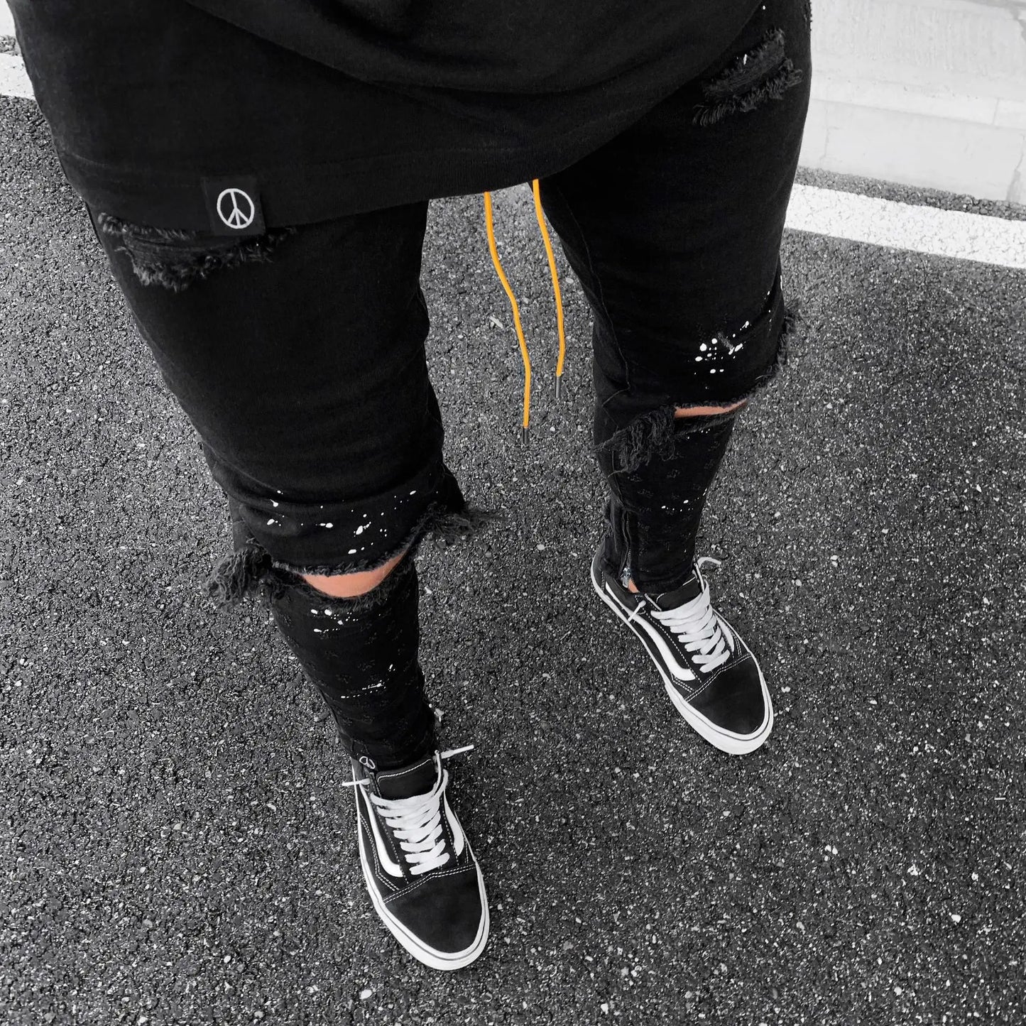 Men Long Jeans Pants Denim Pencil Pant Hole Splice Simple Slim Fit Zipper Lace Up Tight Waist Straight Trousers Autumn