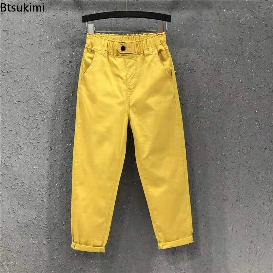 2025 Fashion Summer Women Harem Pants All-matched Casual Cotton Denim Pants Elastic Waist Solid Yellow White Jeans Female 3XL