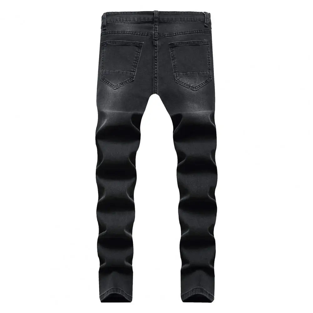 Pantalones vaqueros ajustados para hombre, elásticos, pintados, ajustados, rotos, desgastados, plisados, con parches en las rodillas, pantalones vaqueros casuales de marca para hombre
