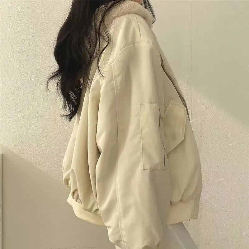 Women Parkas Coat Korean Thick Warm Coats Solid Zipper Hooded Loose Jacket Casual Full Sleeve Regular Splice Pockets Winter