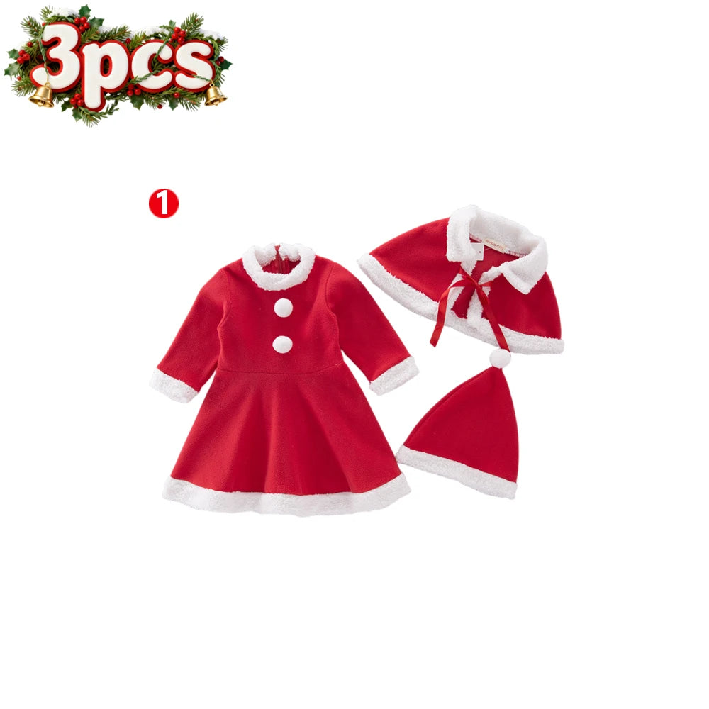 Ensemble robe à manches longues, châle et bonnet de Père Noël pour fille, idéal pour le Nouvel An et les fêtes de Noël. Vêtements rouges pour le carnaval et le carnaval.