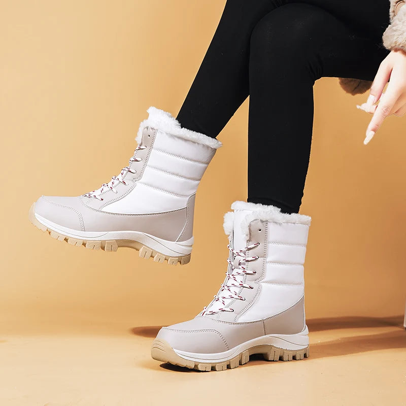 Winter Women's Waterproof High Heel Boots Strap Up Flat Heel Boots Warm Snow Shoes, Plush Outdoor Fashion Casual Boots