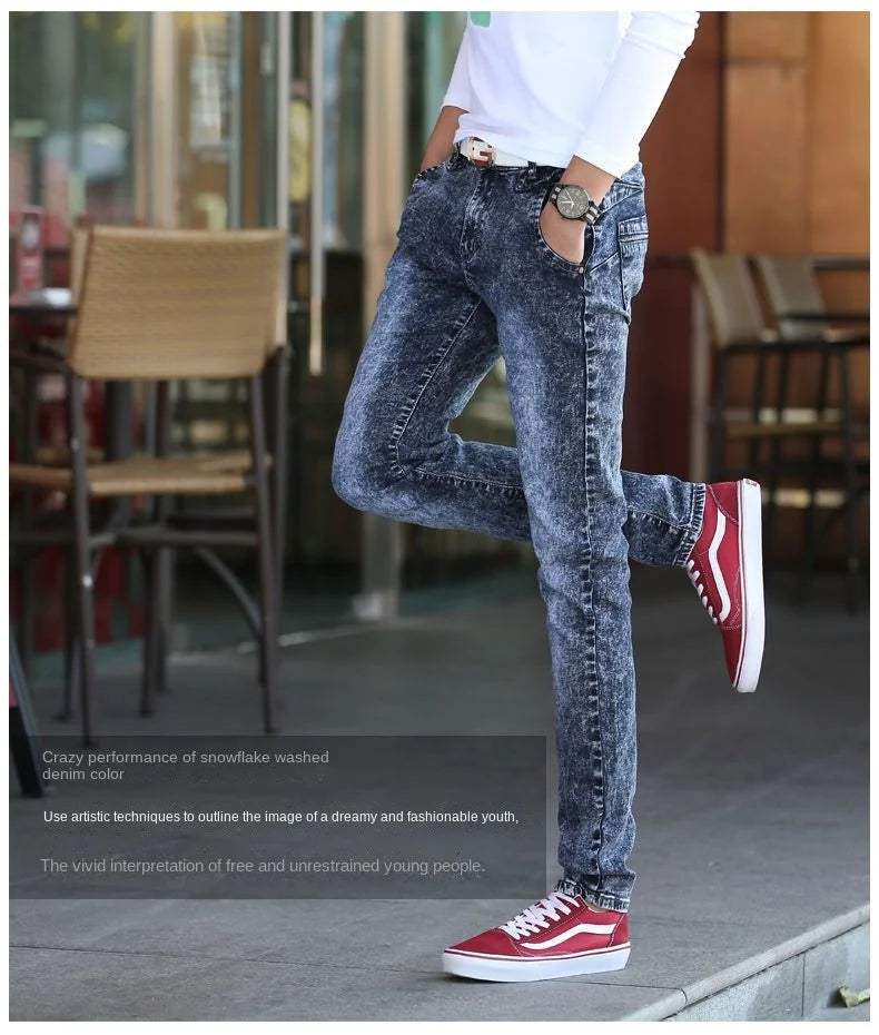 Harajuku Fashion Men's Jeans Stretch  Luxury Clothes for Men Korean Style Streetwear Cowboy Solid Snowflake Skinny Denim Pants