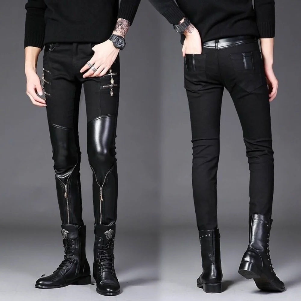 Luxury Men's Jeans Korean Style Slim Jeans for Men New Casual Black with PU Leather Splice and Zipper Desinger Nightclub Pants