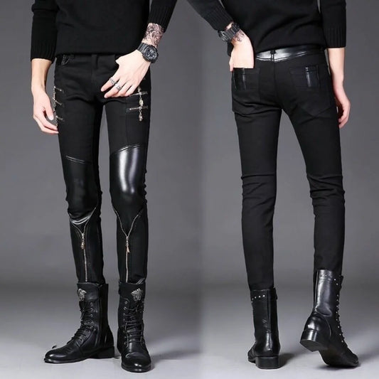 Luxury Men's Jeans Korean Style Slim Jeans for Men New Casual Black with PU Leather Splice and Zipper Desinger Nightclub Pants