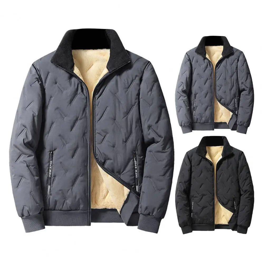 Men Parkas For Winter Lapel Embossed Lines Zipper Pockets Jacket Solid Color Plush Lining Elastic Hem Male Coat For Outdoor