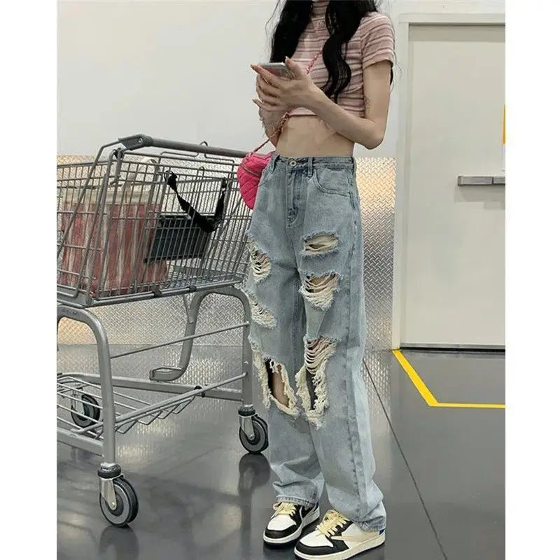 Pantalones vaqueros desgastados de cintura alta para mujer, de primavera y verano, de tubo recto, holgados, de pierna ancha, lavados, de talla grande, 2022