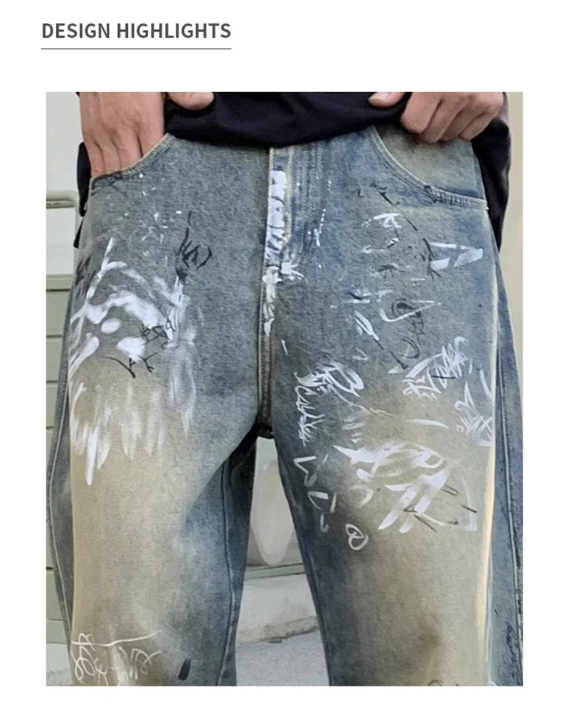New Graffiti Printed Baggy Jeans For Men Y2K Vintage Distressed Blue Harajuku Denim Pants High Street Straight-leg Jean Trousers