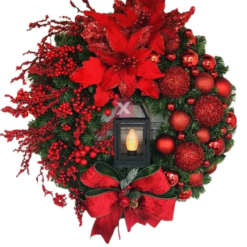 40cm Christmas Wreath With Lantern Front Door Garland With Large Bow Seasonal Ornament Christmas Decoration For Front Door Wall