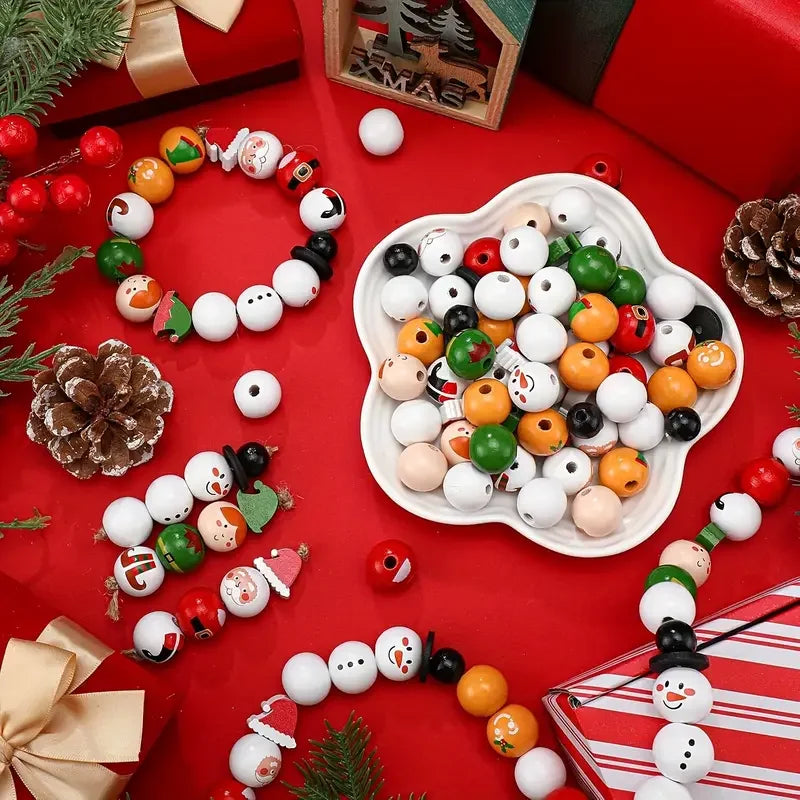 45PCS/75PCS/150PCS Santa Claus Gingerbread Man Snowman Elf Series Christmas Themed Wooden Bead Set, Holiday Party Decorations