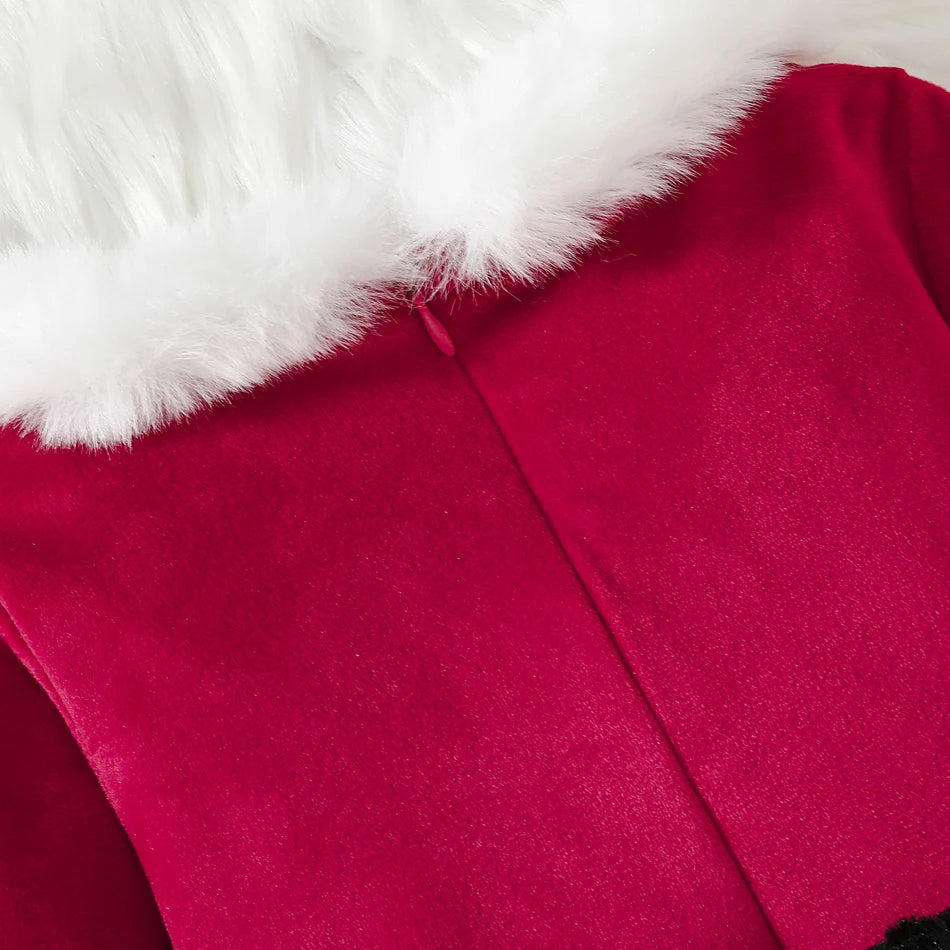 Children Christmas Party Dress Velvety with Fluffy Trim Hooded V-Neck Xmas Gown with Waist Bow Girl Red Christmas Dress