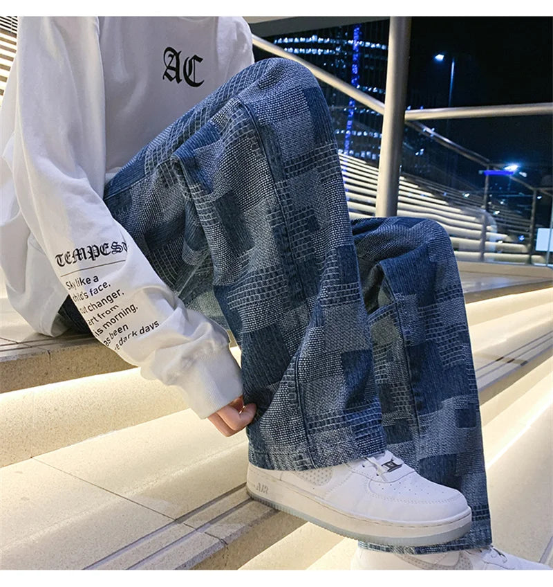 Autumn Blue Black Plaid Jeans For Men Y2K Vintage Wide-leg Jean High Street Loose Straight Denim Trousers Hip Hop Pantalones