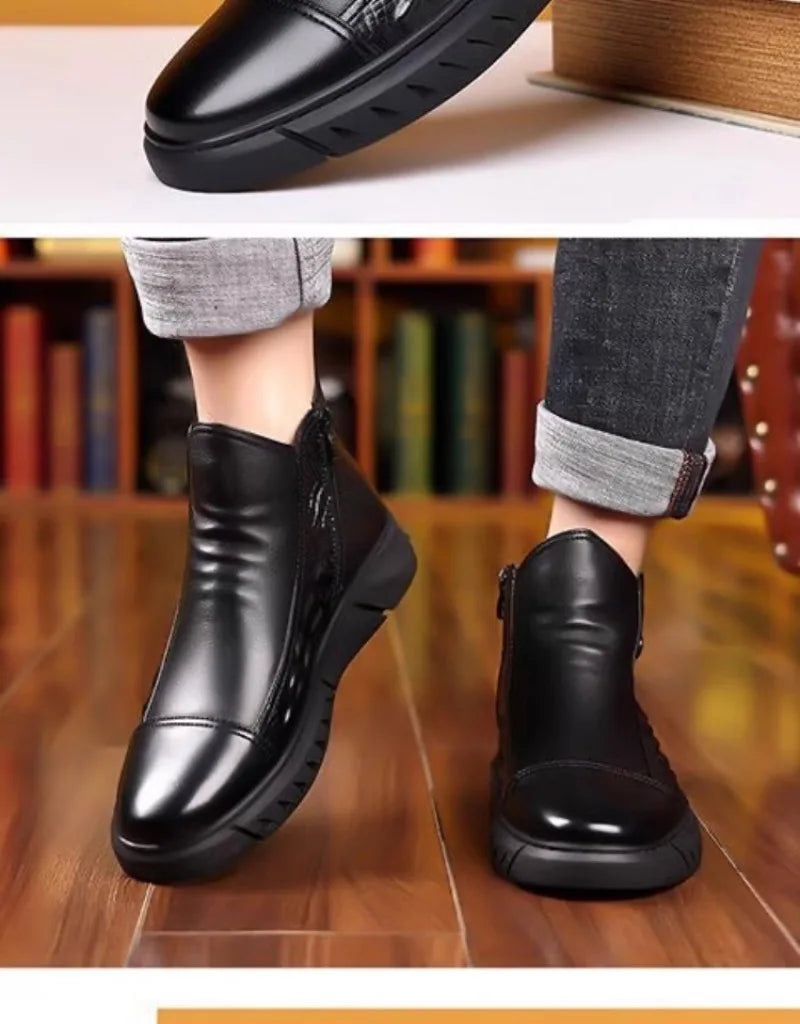 Botas de lujo para hombre, botas de plataforma altas de moda, botas clásicas de cuero para uso casual de negocios, botas de invierno de algodón cálido y afelpado para hombre
