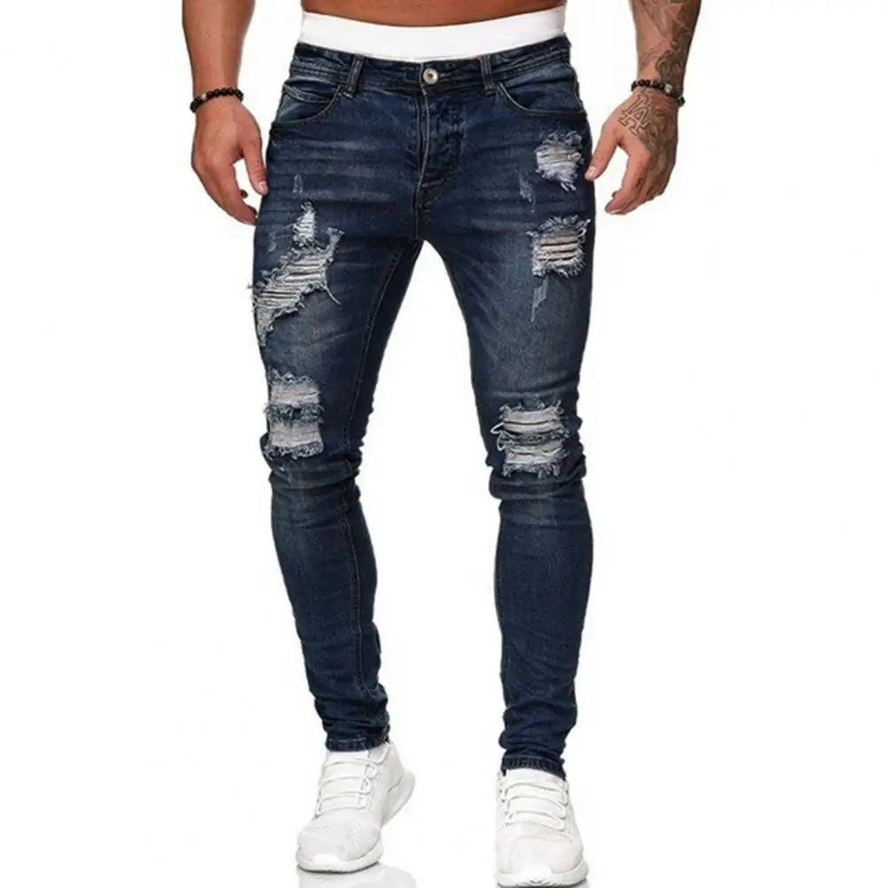 Pantalones vaqueros ajustados para hombre, elásticos, pintados, ajustados, rotos, desgastados, plisados, con parches en las rodillas, pantalones vaqueros casuales de marca para hombre