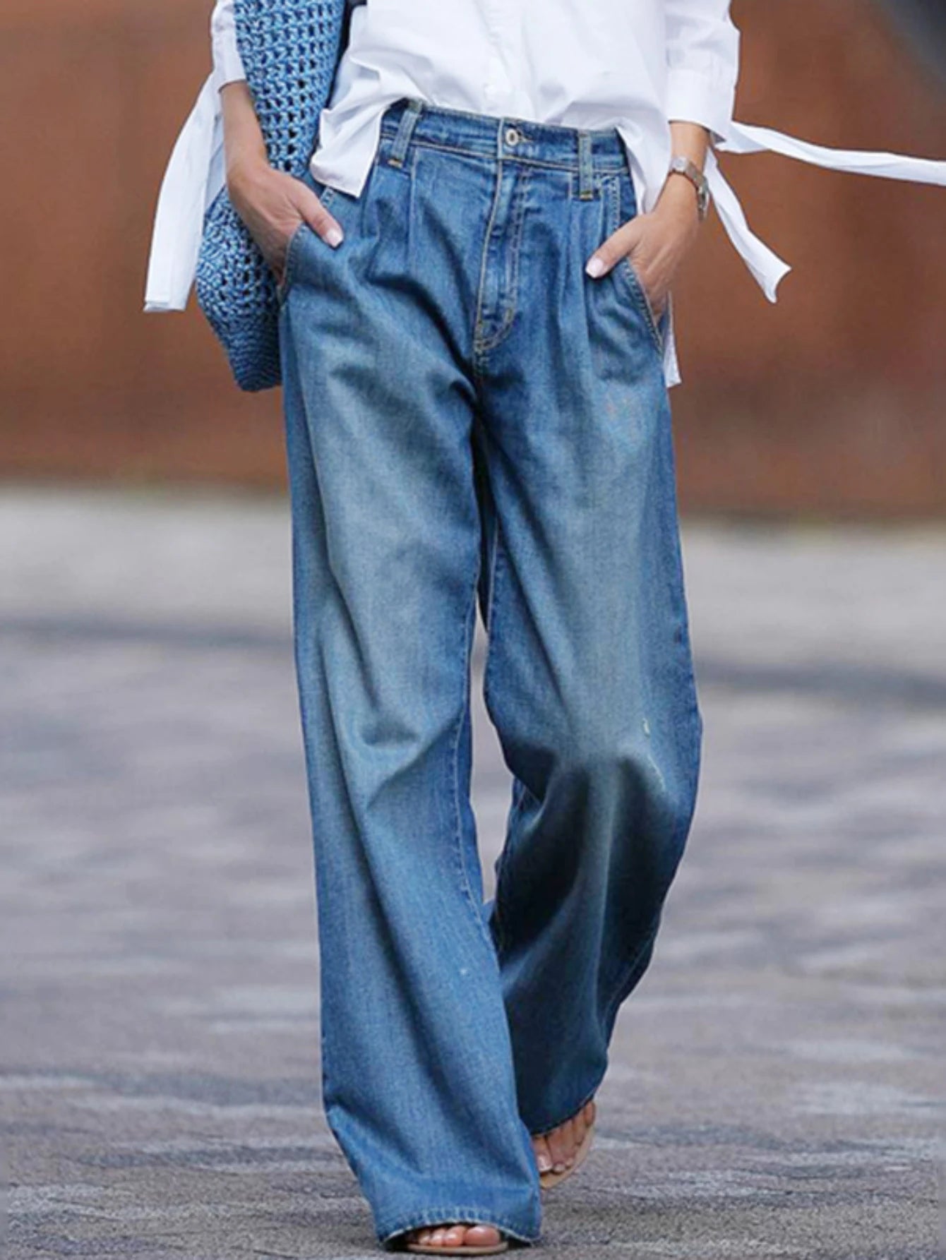 Pantalones vaqueros desgastados de pierna ancha para mujer, de mezclilla, sueltos, de cintura alta, con bolsillos, lavados, con cremallera, bragueta, primavera 2024, color liso, largo completo