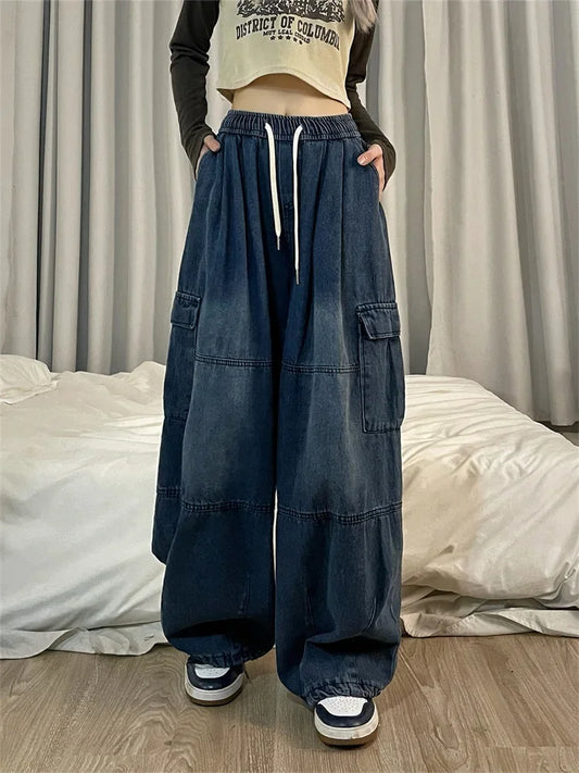 Pantalones vaqueros cargo azules vintage para mujer, pantalones vaqueros holgados de gran tamaño Y2K Grunge Hip Hop, ropa de calle Harajuku, pantalones casuales de pierna ancha