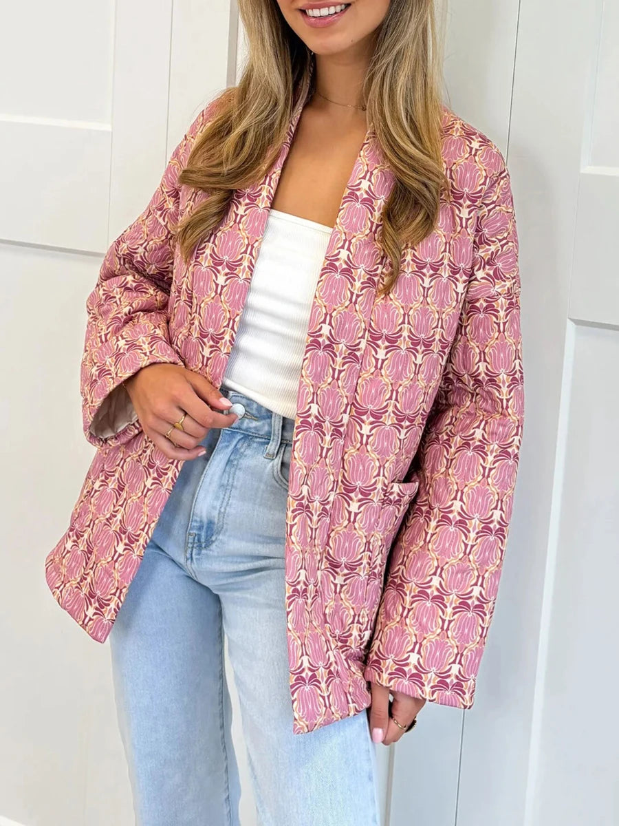 2024 New Fashion Women Winter Padded Jacket Vintage Print Open Front Quilted Long Sleeve Coat Cardigan