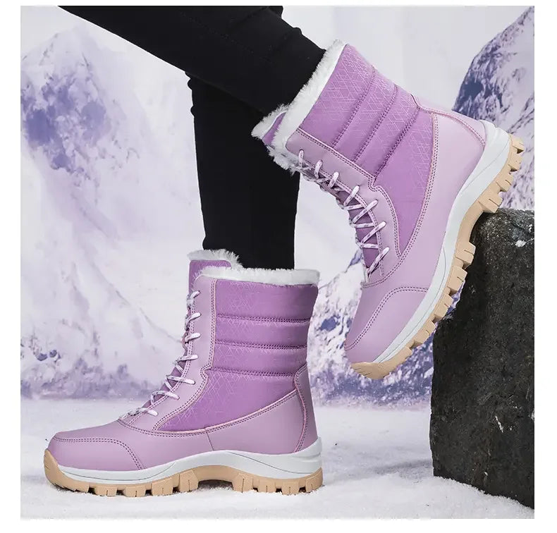 Winter Women's Waterproof High Heel Boots Strap Up Flat Heel Boots Warm Snow Shoes, Plush Outdoor Fashion Casual Boots