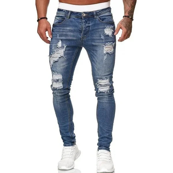 Ripped Men Jeans Denim Pant Mid Waist Slim Fit  Vintage Denim Wash Punk Style Skinny Pencil Pants Distressed Holes Ankle Length