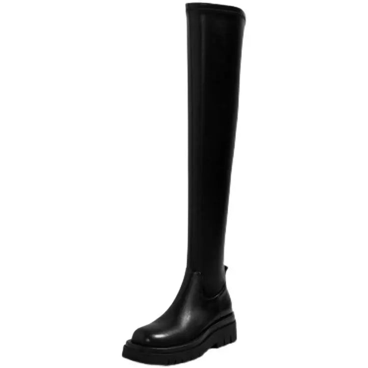 New Womens Stretch Over-the-Knee Boots Slim-Fit Thigh-High Riding Shoes Chunky Wedge Heel Elastic Equestrian Footwear for Ladies