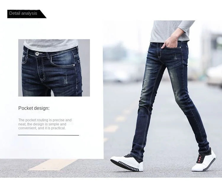 Pantalones vaqueros de diseño de primavera y otoño para hombre, estilo coreano, estilo boy friend, de algodón, elásticos, ajustados e informales.