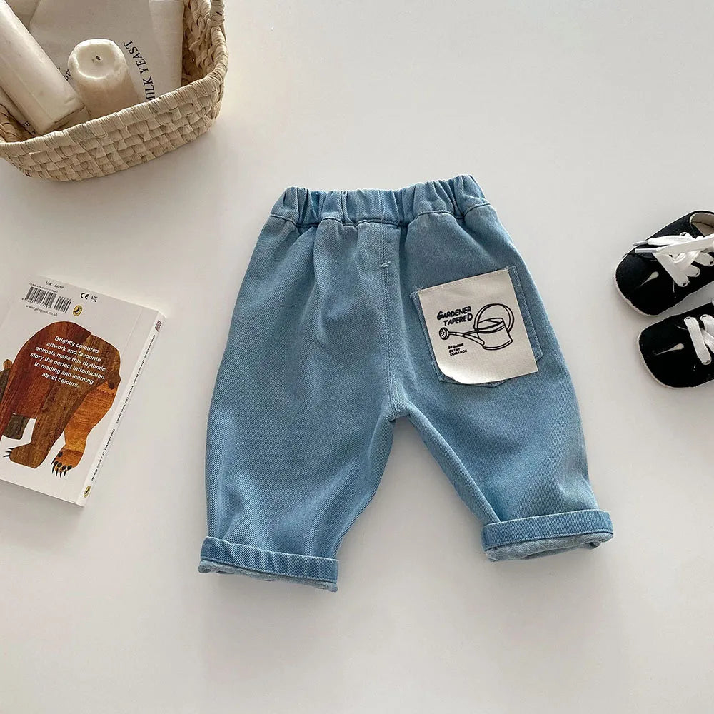 1-5Y Kid's Jeans Loose Solid Boys Denim Pants Patchwork Pocket Girls Straight Trousers Casual Kids Outdoor Pants