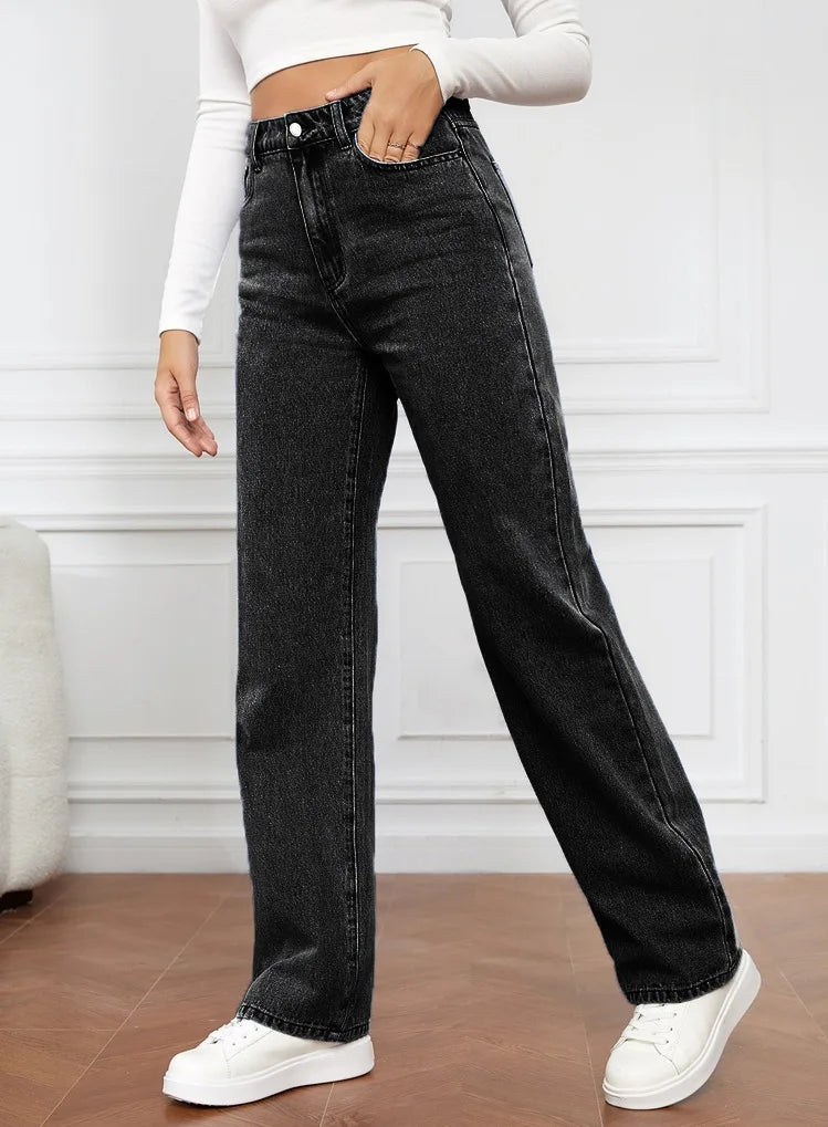Straight High Waist Jeans Women 2024 New Leg Pockets Basics Ankle Length Pants Y2k Denim Trousers Vintage Blue Washed Jeans