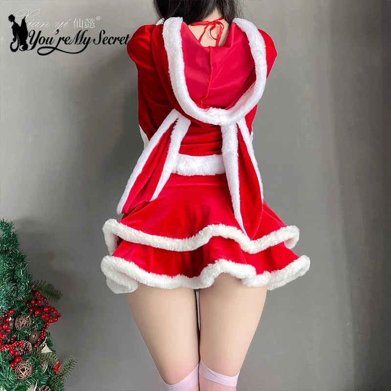 [You're My Secret] Christmas Dress Suit Women Xmas Cosplay Costume Red Suit Party Rabbit Ears Hooded Shawl Christmas Girl Set