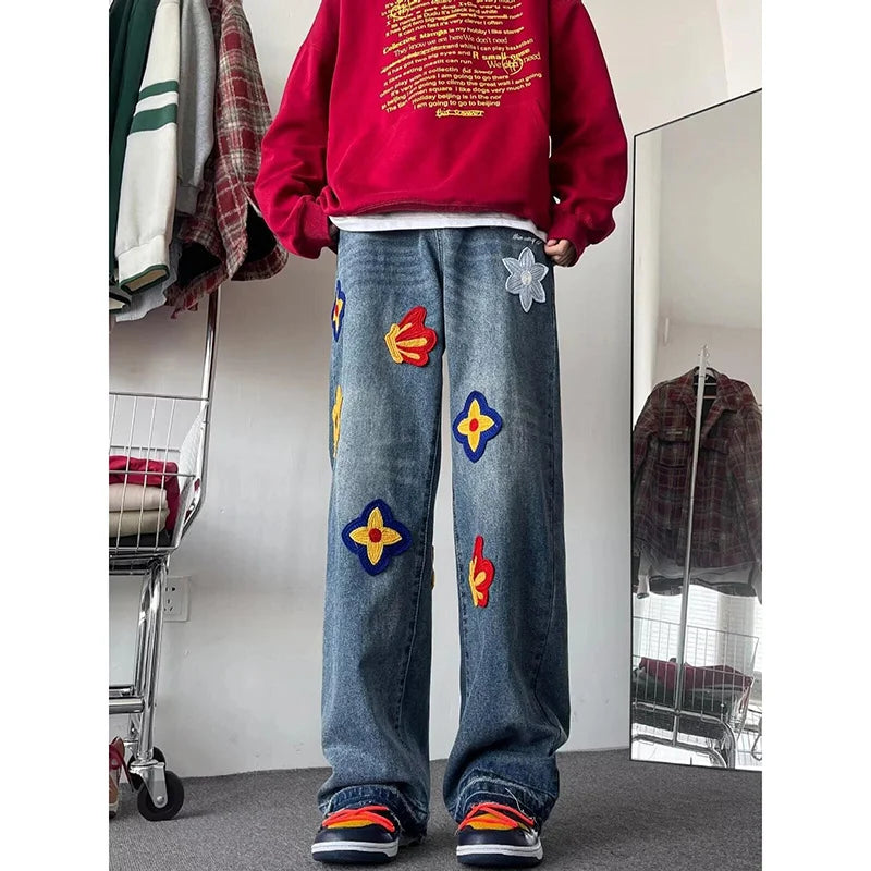 Autumn Y2K Vintage Flower Embroidery Jeans For Men Hip Hop Fashion Baggy Denim Pants Women's Streetwear Blue Straight Jean