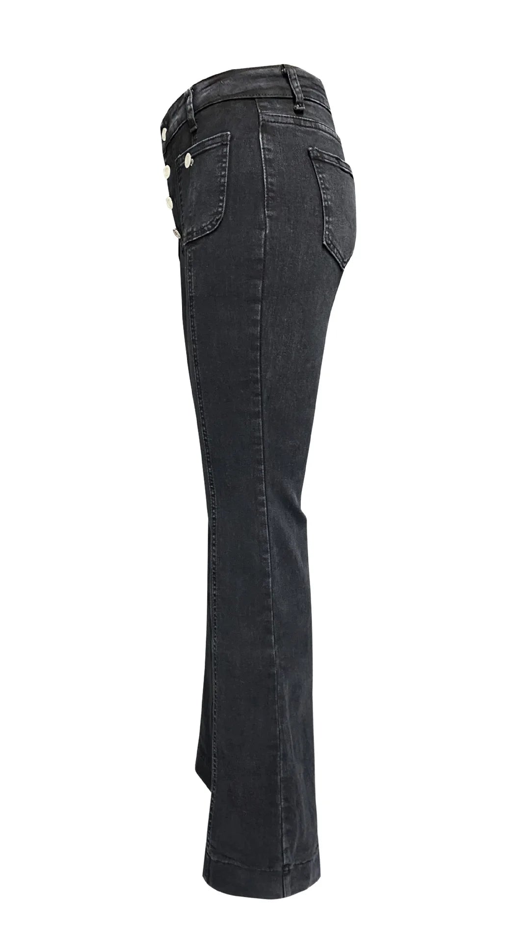 Jean pour femme, longueur cheville, coupe évasée, poches en denim, ample, taille haute, uni, boutons, braguette zippée