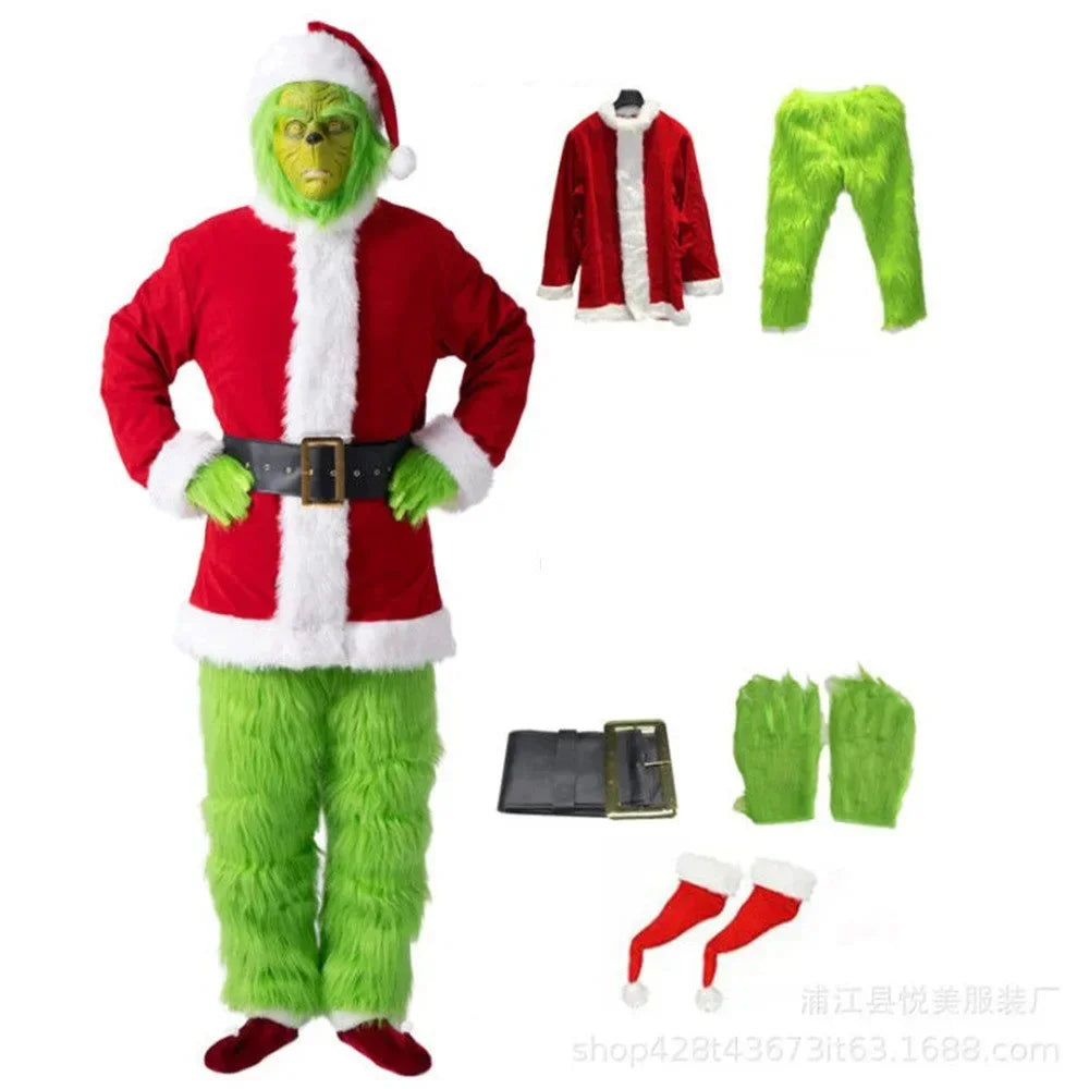 Disfraz de Papá Noel de primera calidad, conjunto de disfraces navideños, ropa de cosplay, Papá Noel friki, pelo verde, Grinch friki, ropa para actuaciones