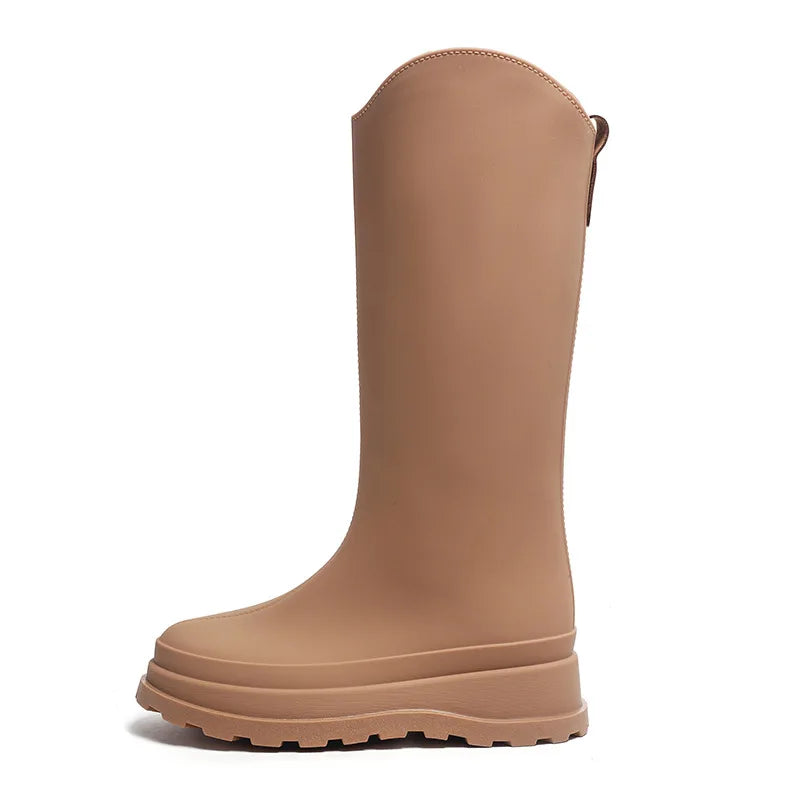 Botas de lluvia de PVC de caña alta para mujer, estilo británico, suela gruesa, impermeables, duraderas, para exteriores, de color sólido, antideslizantes