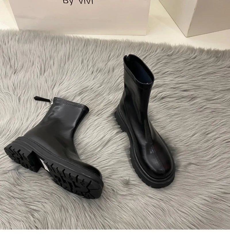 Ladies Shoes High Quality Back Zipper Women's New Round Toe Modern Boots Women Fashion Versatile Non-Slip Mid-Calf Boots