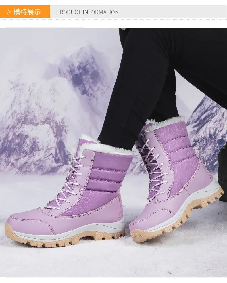 Winter Women's Waterproof High Heel Boots Strap Up Flat Heel Boots Warm Snow Shoes, Plush Outdoor Fashion Casual Boots