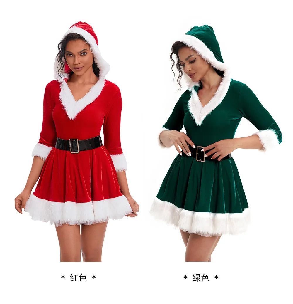 Nouvelle tenue tendance pour femme, manches courtes, unie, déguisement de Père Noël, thème Noël, avec ceinture et robe fantaisie.