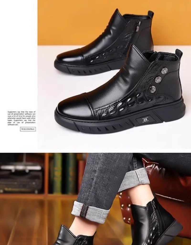 Botas de lujo para hombre, botas de plataforma altas de moda, botas clásicas de cuero para uso casual de negocios, botas de invierno de algodón cálido y afelpado para hombre