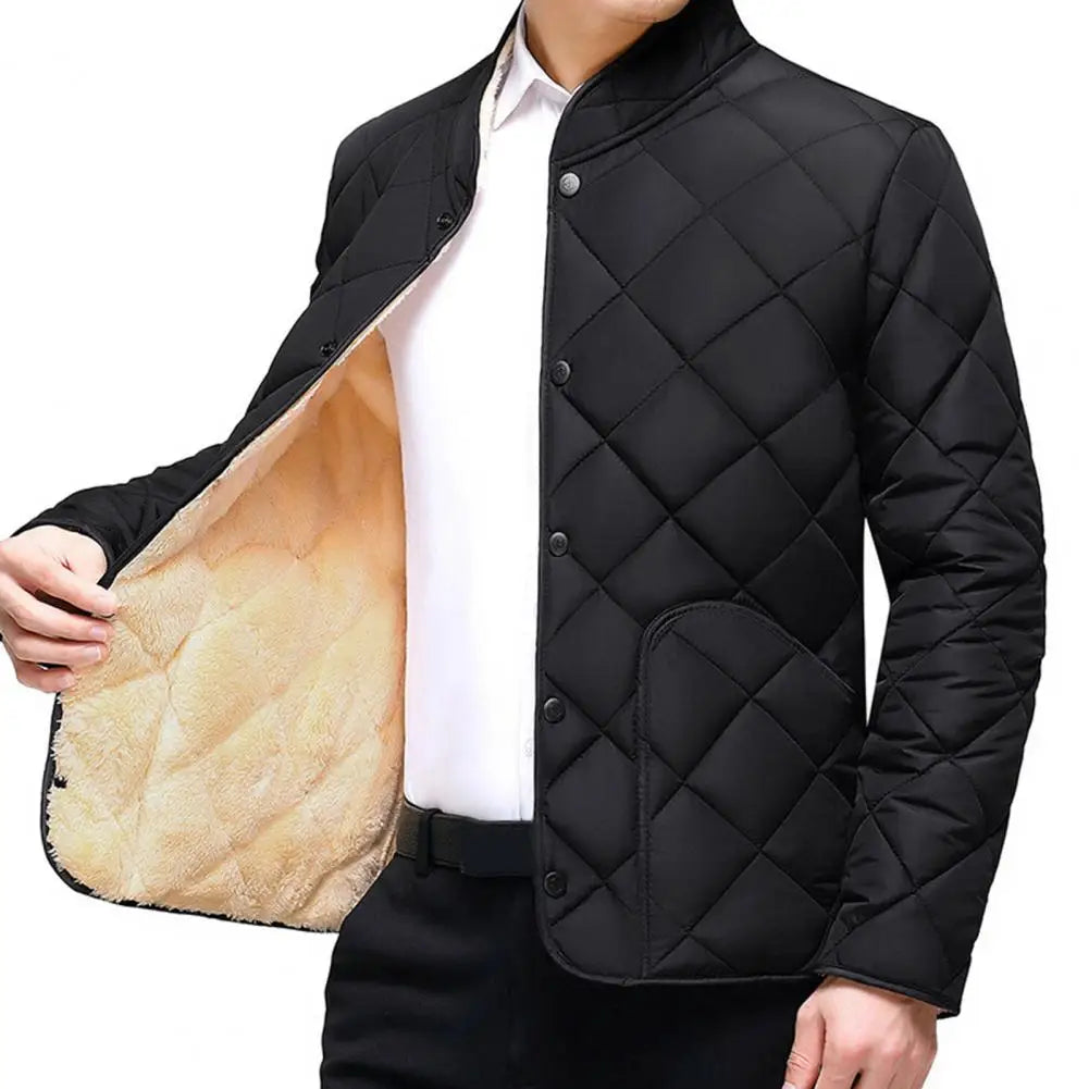 Single-breasted Coat Thickened Cotton Coat Cozy Men's Winter Coat Thick Plush Padding Stand Collar Warm Neck Protection Plus