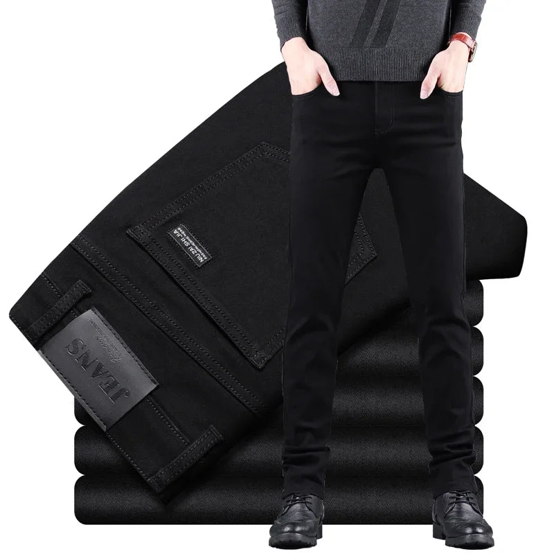 Pantalones vaqueros ajustados negros puros para hombre, pantalones rectos elásticos, moda de negocios, pantalones vaqueros vintage coreanos para hombre, primavera y otoño