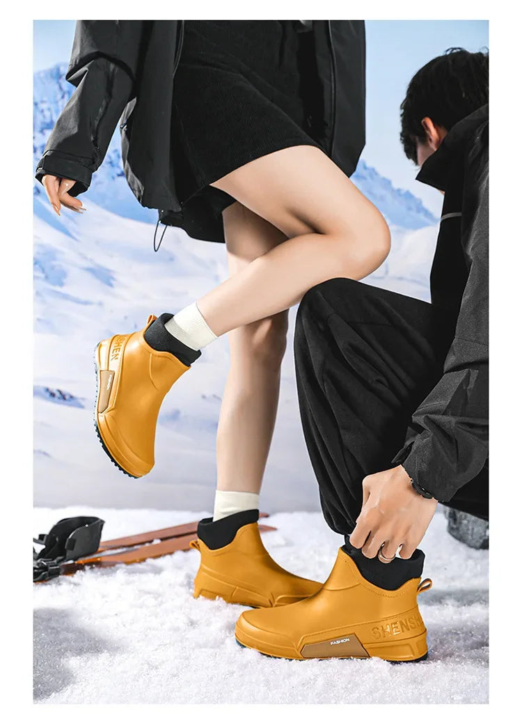 Waterproof Ankle Rain Boots for Men Chef Kitchen Fleece-lined Man Shoes Work Fashion Rainy Day Non-slip Garden Fishing Wellies