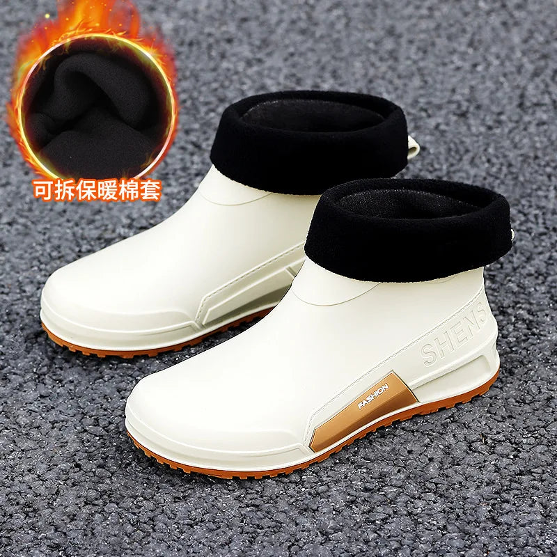 Waterproof Ankle Rain Boots for Men Chef Kitchen Fleece-lined Man Shoes Work Fashion Rainy Day Non-slip Garden Fishing Wellies
