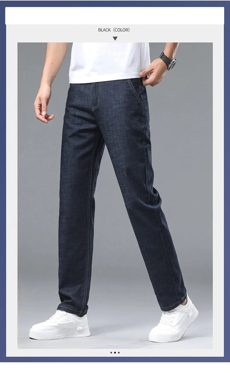 Spring Summer Business Jeans Men Light Blue Casual Straight Stretch Fashion Classic Work Denim Trousers Brand Clothing